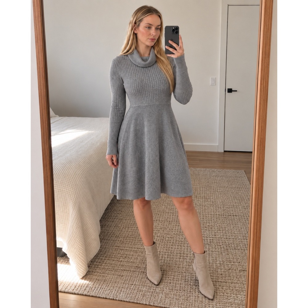Eliza J Sweater Dress XL Gray Ribbed Cowl Neck Long Sleeve Fit Flare Preppy